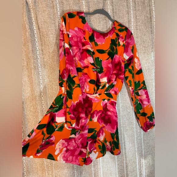 Lulu’s Sweetest Song Orange and Pink Floral Print Backless Long Sleeve Romper. - Picture 8 of 10